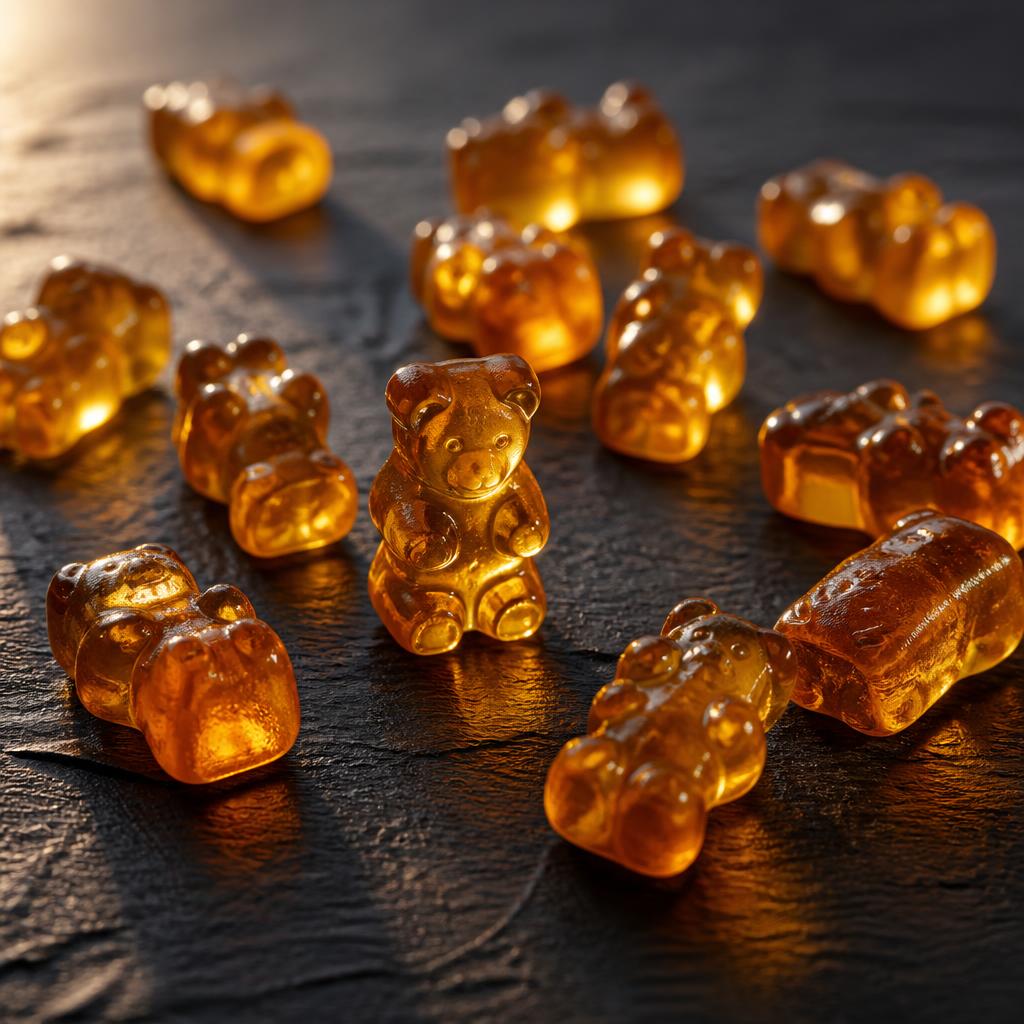 Glossy amber Boner Bears gummies resting on a dark slate surface